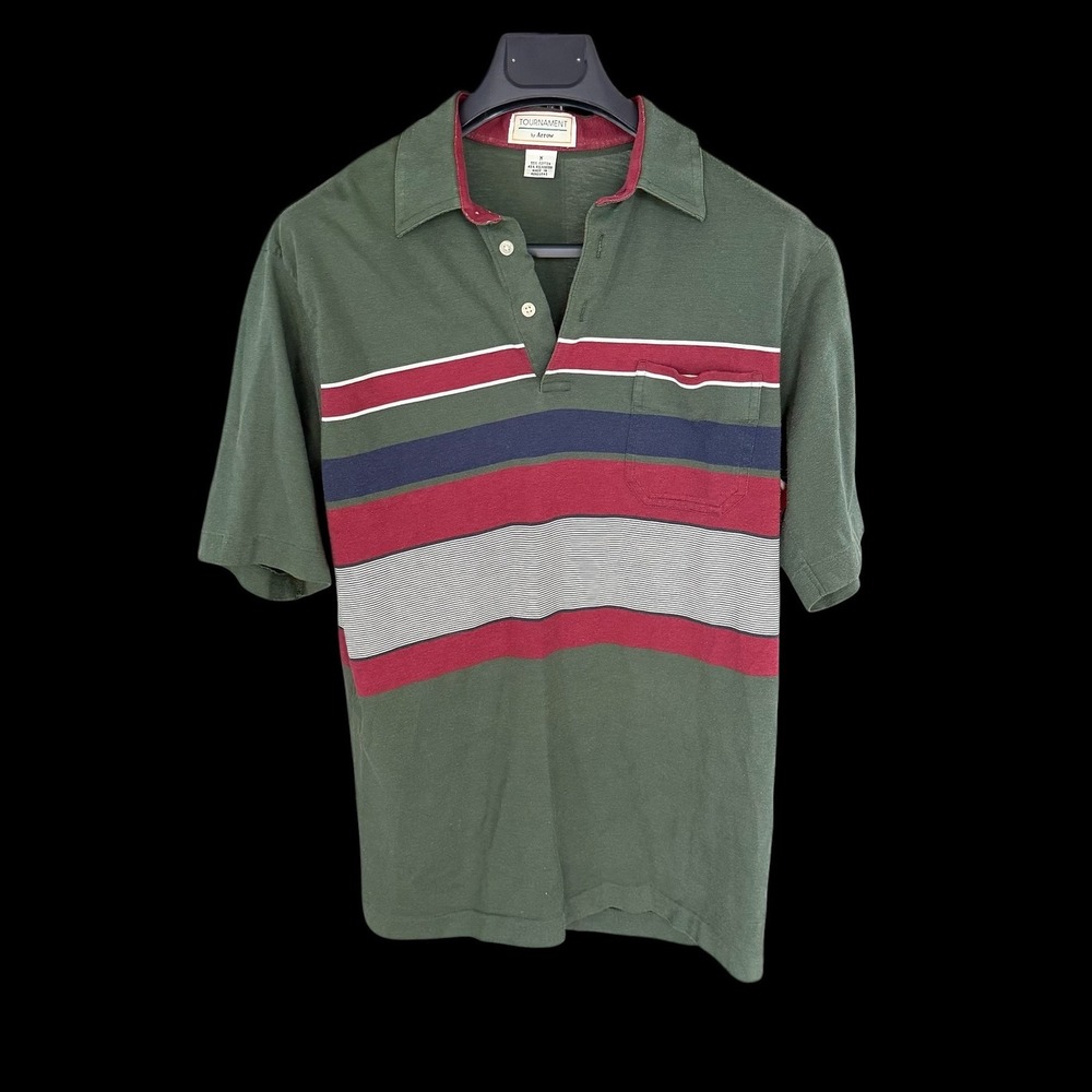 70's Tournament by Arrow Green Striped Short Sleeve Polo Shirt Size M Pocket